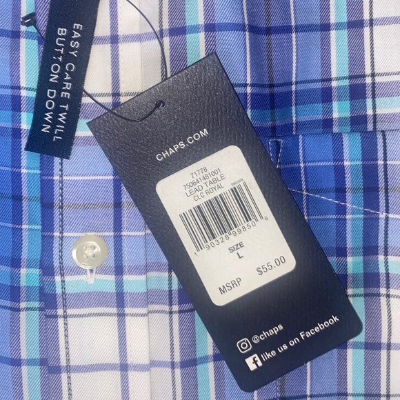 RALPH LAUREN CHAPS Easy Care Twill Plaid Button Down L/S Shirt Blue White $55 L - Picture 2 of 6
